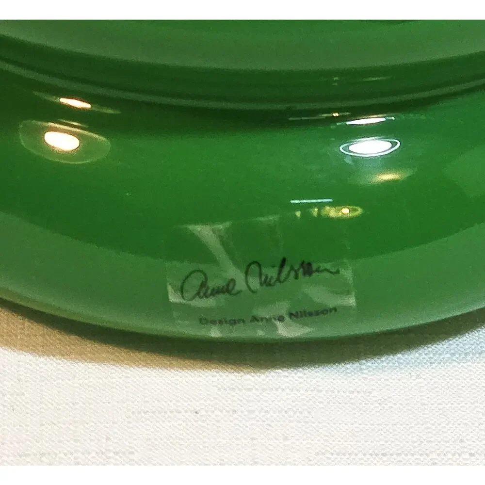 Anne Nilsson Green Ribbed Art Glass Vase Scandinavian Modern Designer Decor